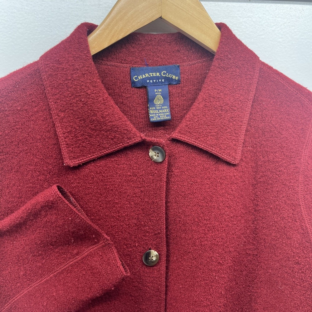 Vintage Charter Club Collared Cardigan Womens Petite Med Red Button Up 100% Wool
